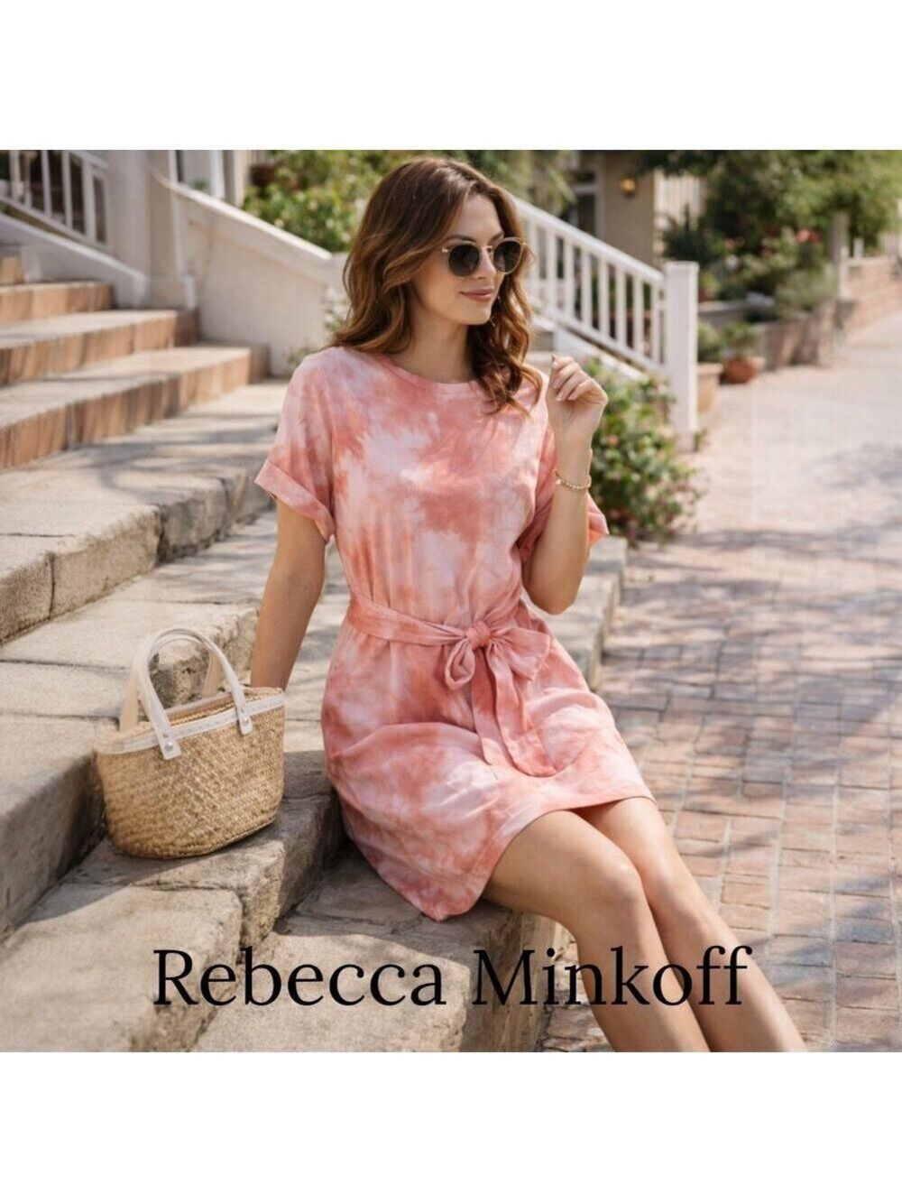 Rebecca Minkoff Tie Dye Belted T-Shirt Dress Size L Pink Coral